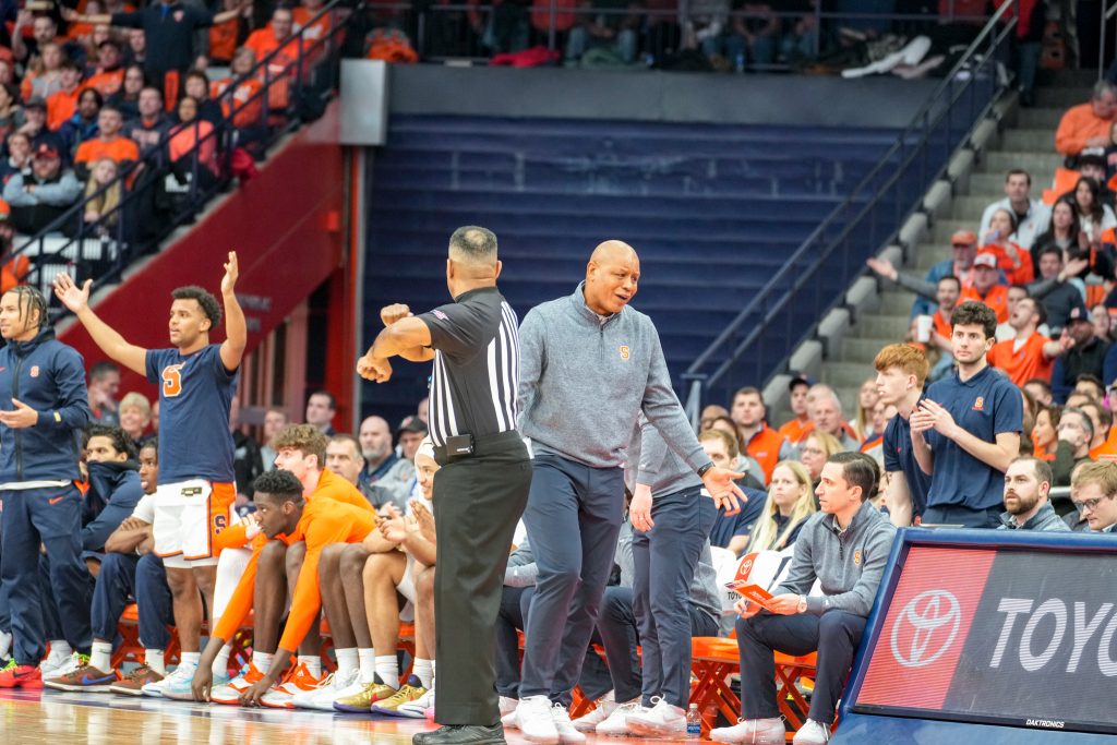 Syracuse Head Coach Red Autry arguing with an officials call in the first half before receiving a technical. 