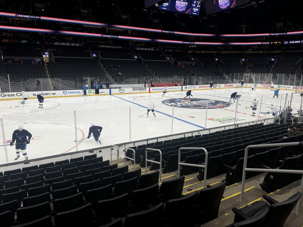 Finland players participating in the first morning skate at TD Garden ahead of their game against Canada