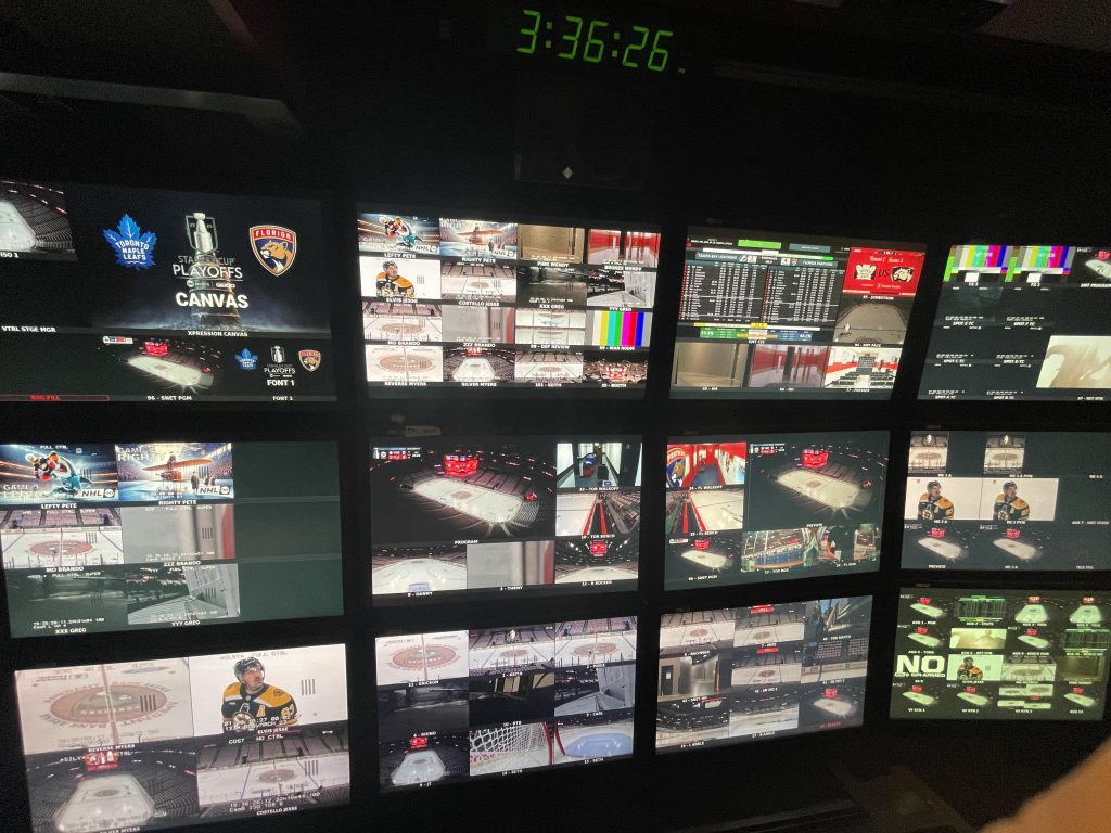 Monitor setup in the control room for Round 2 of the Stanley Cup Playoffs Game 3, Toronto vs. Florida @ 2025 Joel Mandelbaum 