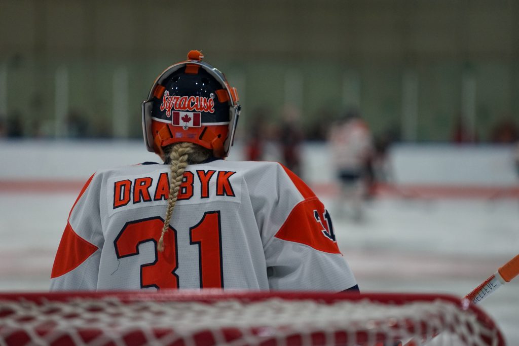 Syracuse Goaltender #31 Ava Drabyk made 32 saves on 34 shots faced in the 3-2 win over RIT