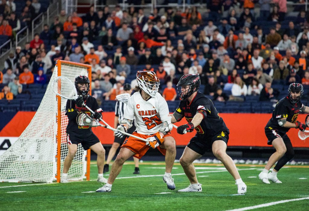 Joey Spallina backing down the Maryland defender on top of his four-goal effort Friday night