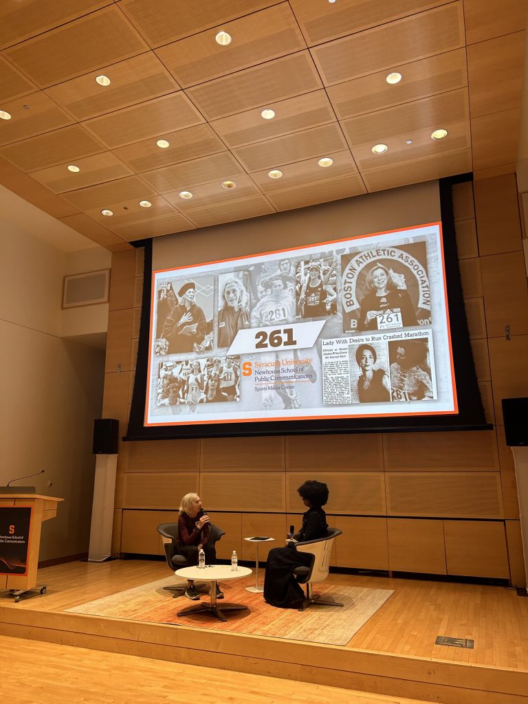 Kathrine Switzer sitting down with Kyra Wood, telling her journey to the students at Newhouse. 
